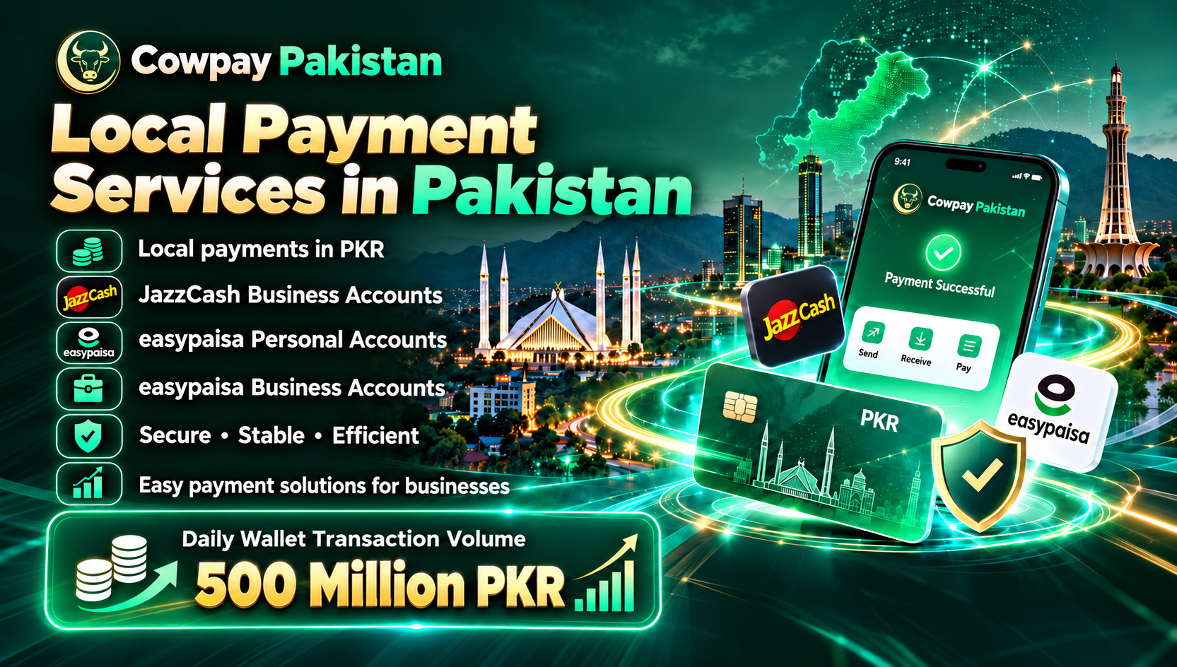 Cowpay Pakistan English services banner: daily wallet transaction volume 500 million (500,000,000), JazzCash, easypaisa and PKR. No contact details embedded.